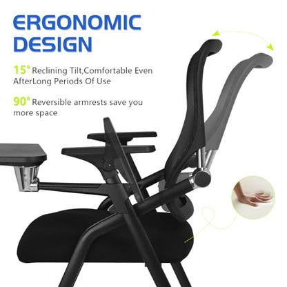 Updated Conference Room Chairs with Tablet Arm, Folding Office Desk Chair with Lumbar Support and Sliding Armrest with Casters, Stackable Office Guest Chairs & Reception Chairs, 1 Pack Black - color: Black With Tablet Arm, size: 1 Pack