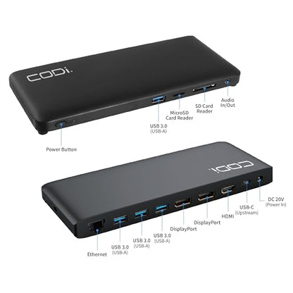 CODi Centro1202 Multi-Display USB-C Docking Station – Dual 4K Dock (2X DP & HDMI), 100W Power Delivery, MST Support, USB-A 3.0 Ports, Gigabit Ethernet, SD/MicroSD, Audio – Universal USB-C Laptop Dock