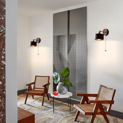 Wood Wall Sconce with Pull Chain Adjustable Swing Arm Natural Or Walnut Wood Cylinder Shade Brass Accent Wall Lamp for Bedroom Living Room Hallway Reading Nook(Walnut) - color: Walnut