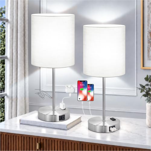 Set of 2 Grey Touch Control Table Lamps with 2 USB Ports & AC Outlet, 3-Way Dimmable Bedside Nightstand Lamps, Desk Lamp for Bedroom Living Room Nursery, 800 Lumens 5000K Daylight Bulbs Included - color: (2 Pack)Gray & Brushed Nickel(Base)-5000K Bulbs Inc