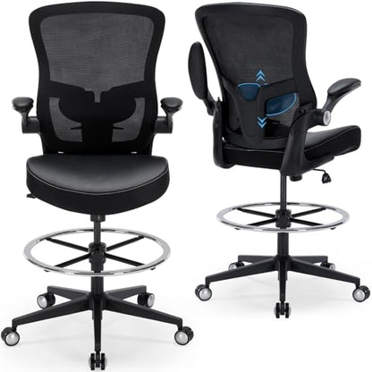Drafting Chair 400lbs Heavy Duty Tall Office Chair Big and Tall Ergonomic Standing Desk Chair with Lumbar Support and Adjustable Footrest Ring, Comfy Mesh Wide Chair with Flip-up Armrests, Black