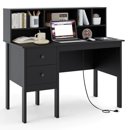 LDAILY Modern Home Office Desk with Hutch, Office Desk with USB Charging Ports and Power Outlets, Computer Desk with 5 Storage Cubbies and 2 Drawers, Writing Study Desk for Bedroom (Black) - color: Black
