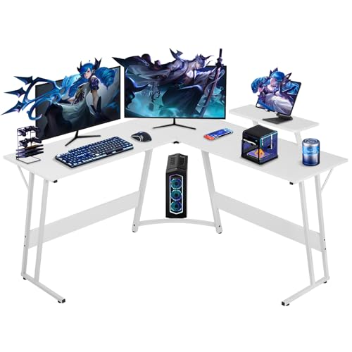 51 Inch L Shaped Gaming Desk Corner Computer Desk with Detachable Monitor Stand for Home Office Learning Gaming Workstation,White - color: White