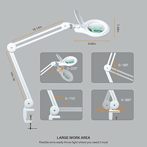 Bifocal LED Magnifying Lamp with Clamp, 14W 1200LM, White | 5-inch bifocal glass lens with 60 SMD LEDs provides 2.25X & 6X magnification and 4 brightness levels - color: White