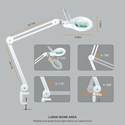 Bifocal LED Magnifying Lamp with Clamp, 14W 1200LM, White | 5-inch bifocal glass lens with 60 SMD LEDs provides 2.25X & 6X magnification and 4 brightness levels - color: White
