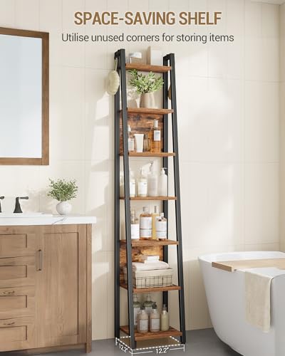 Hzuaneri Ladder Shelf, 7 Tier Narrow Bookshelf with 2 Back Panels | Corner Storage shelf with 2 Hooks, for Home Office, Living Room and Bedroom,12.2"D x 12.2"W x74.2''H,Rustic Brown BC31701B - size: 12.2"D x 12.2"W x 74.2"H