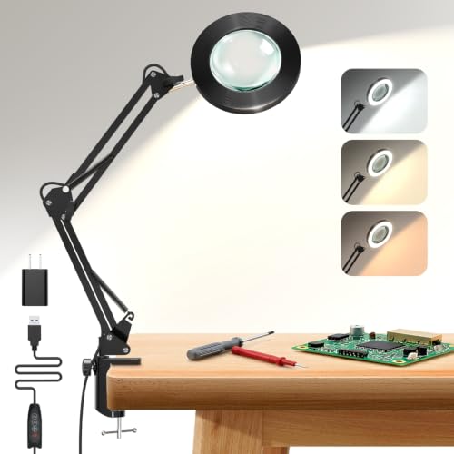 10X Magnifying Glass with Light and Clamp, ZAPLIT 4.3” Real Glass Lens Magnifier Desk Lamp, Metal Swing Arm LED Ring Light with 3 Color Modes & 10 Brightness Levels for Crafts Painting Nail Art Repair - style: Lamp with Clamp