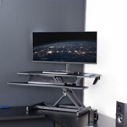 VIVO Corner Height Adjustable 38 inch Standing Desk Converter, Quick Sit to Stand Tabletop Dual Monitor Riser Workstation, DESK-V037MC