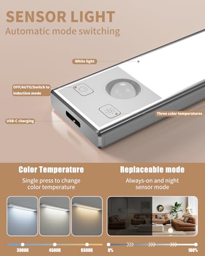 Under Cabinet Lighting 12 inch Rechargeable Battery Operated Motion Sensor Light Wireless Under Counter Lights for Kitchen, Stairs,Hallway (3 Pack) - size: 12inch