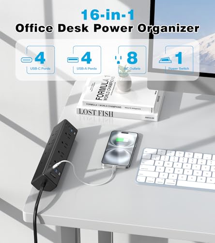 Desk Clamp Power Strip, 40W Total Fast Charging Station, Desk Edge Mount Power Strip, 8 USB Ports(4 USB C) & 8 AC Outlets, Fit 1.9" Tabletop Edge(6Ft 14AWG Cable) - color: Black, size: 6FT