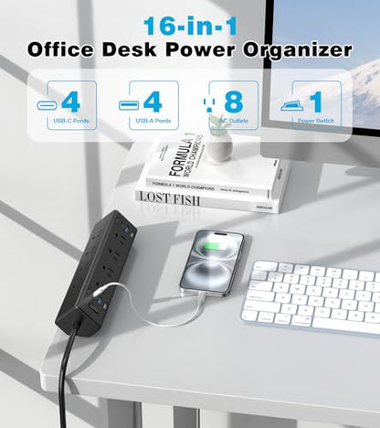 Desk Clamp Power Strip, 40W Total Fast Charging Station, Desk Edge Mount Power Strip, 8 USB Ports(4 USB C) & 8 AC Outlets, Fit 1.9" Tabletop Edge(6Ft 14AWG Cable) - color: Black, size: 6FT
