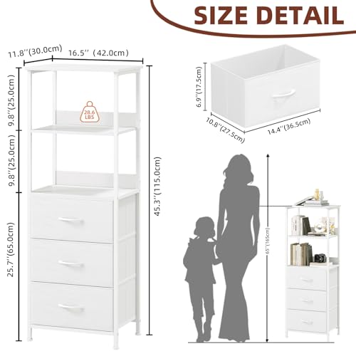 Somdot 5 Tier Bookshelf with 3 Drawers, Narrow Storage Bookcase for Bedroom | Tall Metal Frame Bookcase for Small Spaces, Living Room and Home Office, White - color: White