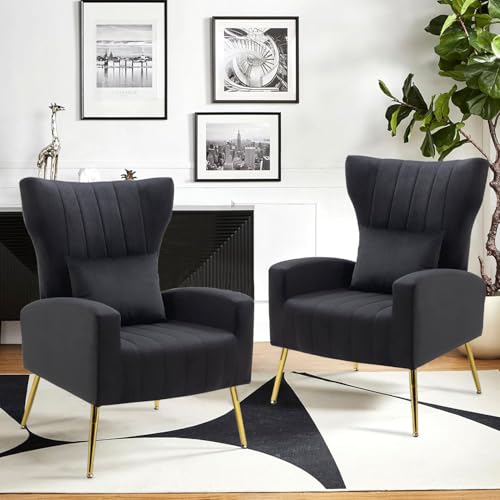 Velvet Accent Arm Chairs Set of 2 with Wingback & Lumbar Pillow, Modern Armchairs for Living Room Bedroom, Guest Reception Side Chairs for Office, Gold Finish, Black - color: Black, size: 2PCS with Channel Tufted