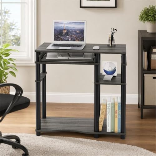 Pemberly Row Wood Computer Desk with Bookshelf, French Oak Gray and Black Finish, Durable Engineered Wood, Sliding Keyboard Tray, Side Shelves, Compact Space-Saving Design for Apartments or Dorm Rooms