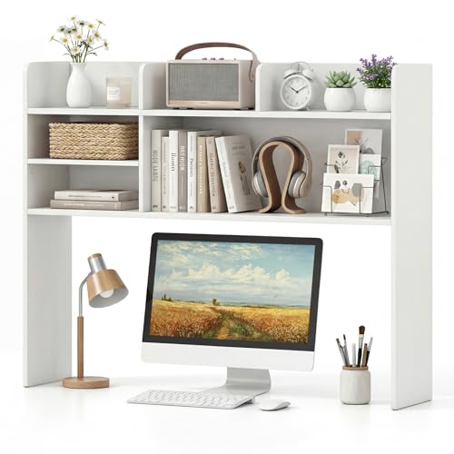 LDAILY 3-Tier Desktop Bookshelf, White Desk Hutch for Computer Monitor Up to 32 Inch, Wooden Desk Organizer Shelf with Adjustable Shelf & 6 Storage Shelves, Desk Display Rack for Home Office Dorm - color: White, size: 6 Shelves