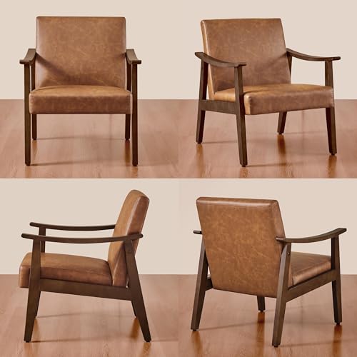 Yaheetech Accent Chairs Set of 2, Mid-Century Faux Leather Armchairs Brown - color: Brown