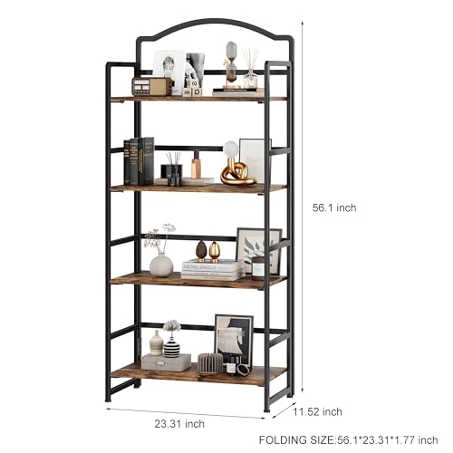 JSB 4 Tier No Assembly Folding Bookshelf, Arched Bookshelf, Foldable Bookcase for Living Room, Bedroom, Office,Skinny Bookshelf (Fire Brown) - color: Fire Brown, size: 4-Tier