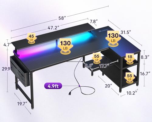 ODK 58 Inch L Shaped Gaming Desk with LED Lights, Power Outlets, Black - size: 58 Inch
