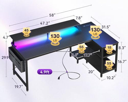 ODK 58 Inch L Shaped Gaming Desk with LED Lights, Power Outlets, Black - size: 58 Inch