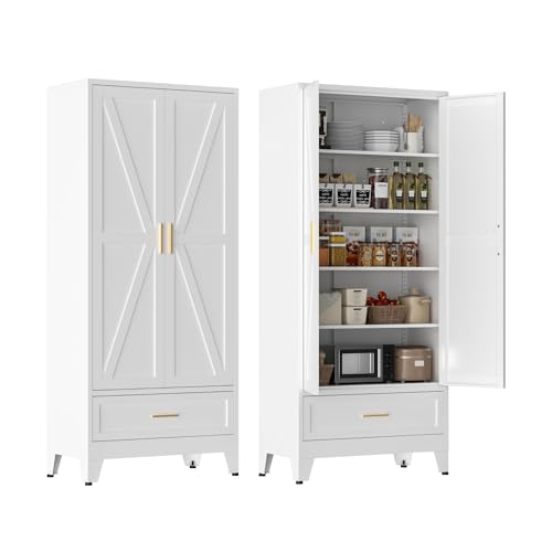 LCAOPC 71" Tall Metal Pantry Storage Cabinet with Drawer and Adjustable Shelves, Freestanding Kitchen Cupboard Storage Cabinet for Kitchen,Dining Room, Living Room, White - color: White, size: 71"H-2 Doors+1 Drawer