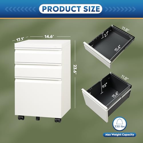 DEVAISE 3 Drawer Mobile File Cabinet with Lock, Metal, White - color: White, size: 17"D x 15"W x 24"H