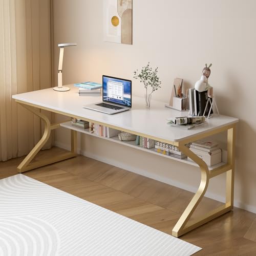 63-Inch Extra Long Desk with Storage Shelf, Gold | Double Long Writing Table, Space-saving, 2-Person Workstation, Modern Study Work Computer Desk, For Home Office - color: Gold + White, size: 63x23.6 inch