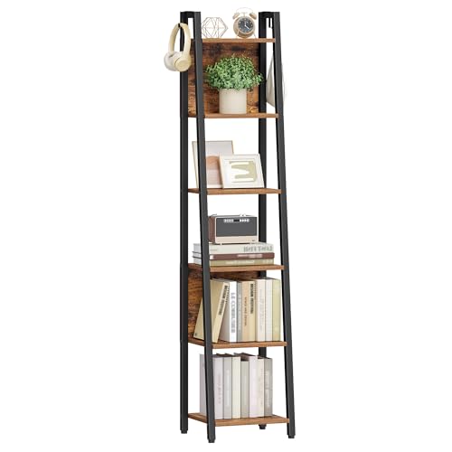 Hzuaneri Ladder Shelf, 6 Tier Narrow Bookshelf with 2 Back Panels | Corner Storage shelf with 2 Hooks, for Home Office, Living room and Bedroom, 12.2"D x 12.2"W x 63"H, Rustic Brown BC31601B - size: 12.2"D x 12.2"W x 63"H