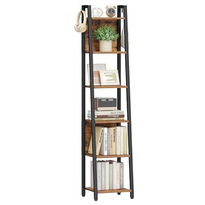 Hzuaneri Ladder Shelf, 6 Tier Narrow Bookshelf with 2 Back Panels | Corner Storage shelf with 2 Hooks, for Home Office, Living room and Bedroom, 12.2"D x 12.2"W x 63"H, Rustic Brown BC31601B - size: 12.2"D x 12.2"W x 63"H