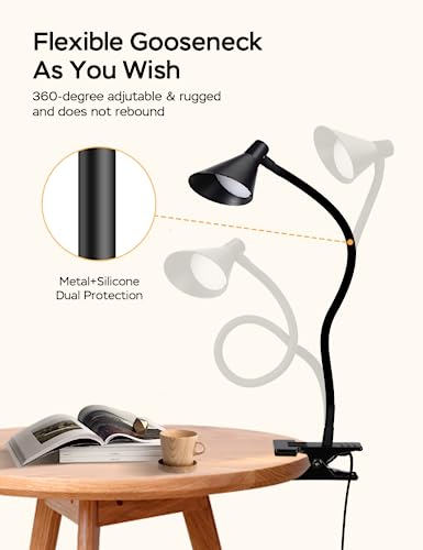LiFMIRA Clip on Light USB Reading Light Desk Lamp 3 Color Modes Black | 10 Brightness Levels Eye Care Clamp Light Flexible Dimmable Reading Lamp Clip on Lamp for Bed Headboard Desk Bedside Dorm - color: Black