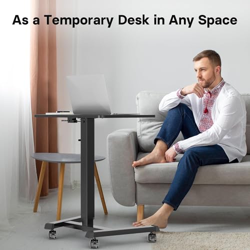 BONTEC Mobile Standing Desk Adjustable Height,Rolling Laptop Cart with Hook - color: Black, size: 25.6" x 17.7"