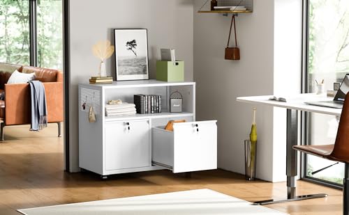 Metal File Cabinet,2 Drawer Lateral Filing Cabinet with Lock,Rolling Printer Stand Storage Cabinets with Shelves for Home Office Letter/Legal/A4 Size Files(White) - color: White, size: 31.5"W x 28"H x 17"D - B