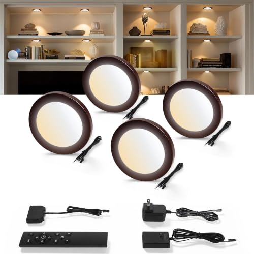 V4light LED Puck Lights, Smart Under Cabinet Lighting with Remote, 4 Pack - color: Brown, size: 4 Pack