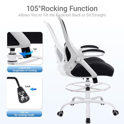 HYLONE 400lbs Heavy Duty Drafting Chair 5" Thickened Seat Office Chair with Flip-Up Armrests Tall Ergonomic Computer Chair with Lumbar Support and Adjustable Footrest Ring Standing Desk Chair (Black) - color: Black&white