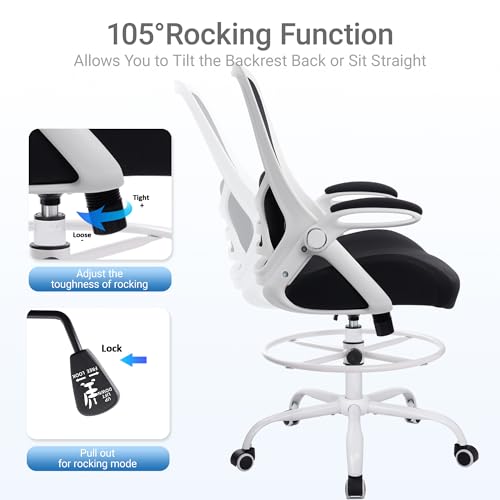 HYLONE 400lbs Heavy Duty Drafting Chair 5" Thickened Seat Office Chair with Flip-Up Armrests Tall Ergonomic Computer Chair with Lumbar Support and Adjustable Footrest Ring Standing Desk Chair (Black) - color: Black&white