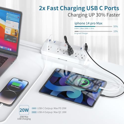 40W Fast Charging Station, Desk Clamp Power Strip 10FT Extension Cord, JXGUCAT Removable Desk Mount Flat Plug Power Strip Surge Protector, 2 USB-C Ports, 6 Outlets, Fits 1.8" Tabletop Edge - color: White 1.8", size: 10FT