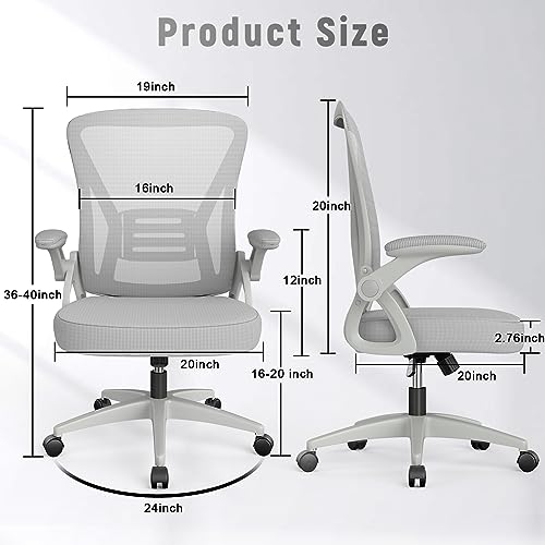 naspaluro Home Office Desk Chair Mid Back with Adjustable Height Grey | Comfy Ergonomic Chair with Flip-Up Arm and Lumbar Support, Breathable Mesh Swivel Computer Chair for Study Working Teacher - color: Grey