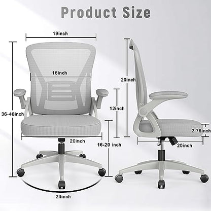 naspaluro Home Office Desk Chair Mid Back with Adjustable Height Grey | Comfy Ergonomic Chair with Flip-Up Arm and Lumbar Support, Breathable Mesh Swivel Computer Chair for Study Working Teacher - color: Grey