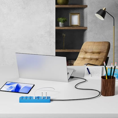 USB Hub 7 Port, USB Splitter with Individual On/Off Switches and Lights - color: Blue