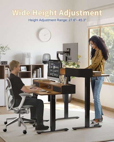 YIHAYO Electric Standing Desk with Drawers, 60 x 24 Inches Adjustable Desk with Storage Shelf, Computer Table with Splice Board for Home Office, Black Frame/Rustic Brown Top - color: Black Frame/Rustic Brown Top, size: 60*24 Inch