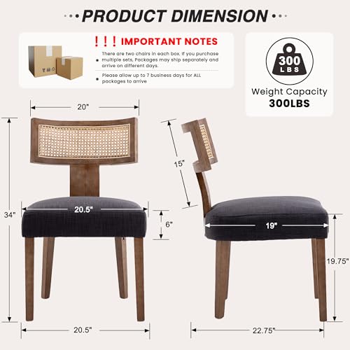 HNY Mid Century Modern Rattan Dining Chairs Set of 2, Farmhouse Linen Upholstered Accent Chair Curved Backrest Kitchen Chairs, with Hardwood Frame, Charcoal - color: Charcoal Rattan