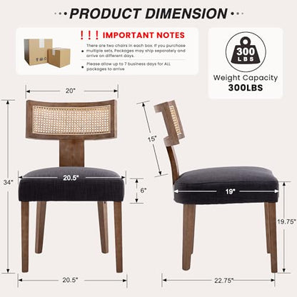 HNY Mid Century Modern Rattan Dining Chairs Set of 2, Farmhouse Linen Upholstered Accent Chair Curved Backrest Kitchen Chairs, with Hardwood Frame, Charcoal - color: Charcoal Rattan