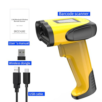 2.4GHz Wireless & Bluetooth Handheld 1D 2D Barcode Scanner, Triple Mode USB Laser Scanning Gun for Android iOS Windows, Retail Warehouse Inventory Management - color: Yellow