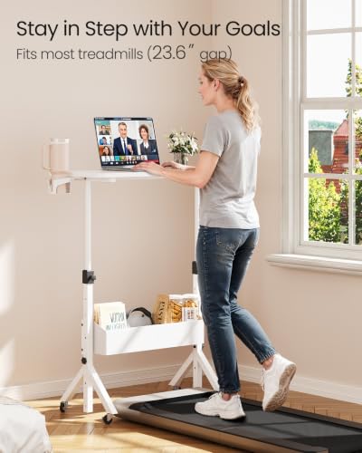ErGear Mobile Standing Desk with Wheels, Adjustable Height 28.3″ to 46.1″, Rolling Laptop Cart with Cup Holder, Storage Basket, Computer & Pen Slot, Home Office Stand Up Desk, White (31.5″ x 15.75″) - color: White