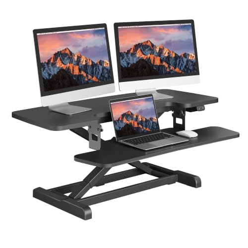 SANODESK 40" Electric Standing Desk Converter， Height Adjustable Riser for Office Home,Dual Monitor and Laptop Workstation with Large Keyboard Tray, Black Color - color: Black, size: 40"