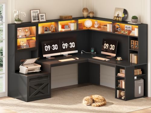 SEDETA 68" Farmhouse L Shaped Computer Desk with Hutch, Storage Drawers - color: Black, size: 68 inches