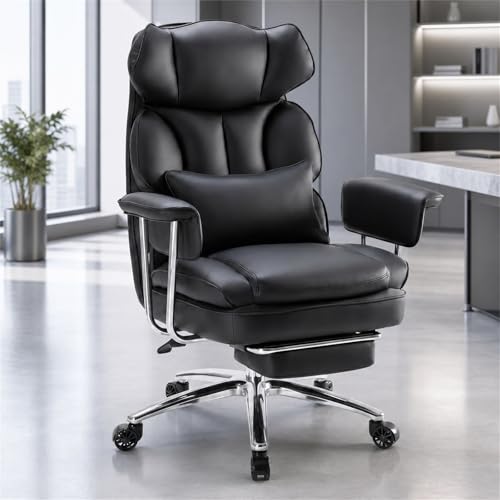 Executive Ergonomic Office Chair for Adults, Home Office | PU Leather, High Back Reclining Gaming Chair with Footrest and Lumbar Support, Height Adjustable Rolling Swivel, Black - color: Black