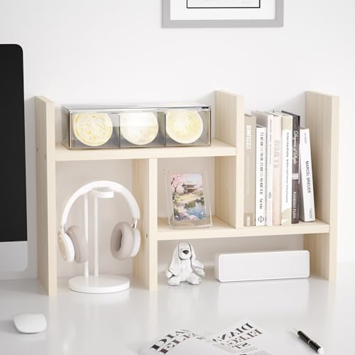 Jerry & Maggie Desktop Organizer Office Storage Rack Adjustable Wood Display Shelf Free Style Double H, Multi-Functional Mini Bookshelf for Desk Natural Stand (White Wood Tone) - color: White Wood Tone