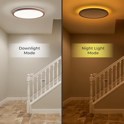 Matane 12in Flush Mount Ceiling Light Fixture with Remote Control, Nightlight 2000K Warm, 3000K-6500K Adjustable, Wired Low Profile Ceiling Lights for Bedroom, Kitchen, Living Room Walnut - color: Walnut, size: 12 Inch