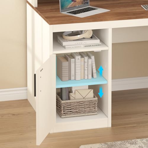 65" Computer Desk with 3 Drawers & Printer Shelf for Home Office | Office Desk with Printer Shelf & File Drawer, Executive Desk Writing Study Table with Monitor Stand, Brown & White - color: Antique White