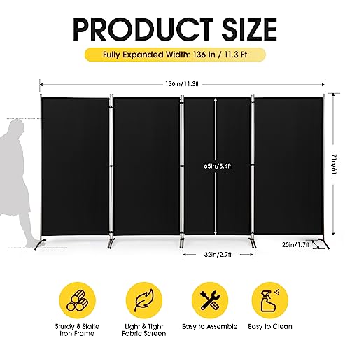 RANTILA 4 Panel Room Divider, 6 Ft Tall Folding Privacy Screen Room Dividers, Freestanding Room Partition Wall Dividers, 136''W x 20''D x 71''H, Black - color: Black, size: 34" - 4 Panel